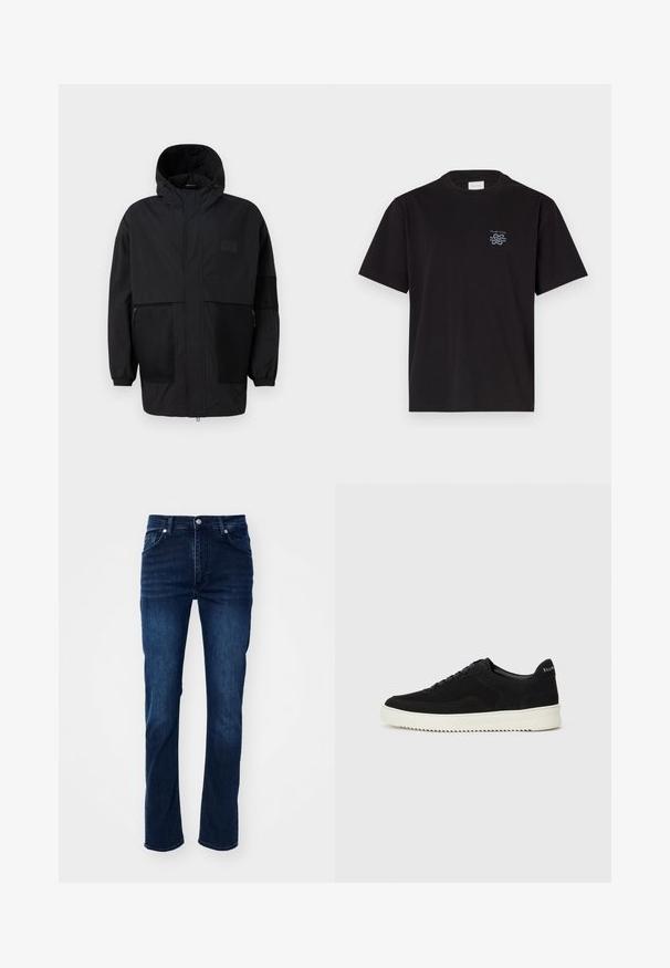 Fekete kapucnis dzseki, könnyű anyagból készült, hálós panelek, elülső cipzár és állítható illeszkedést biztosító rugalmas mandzsetták jellemzik.; Fekete pamut póló kerek nyakkal és rövid ujjakkal. Bal mellen egy kis kék logó található. Egyszerű, egyenes szabású dizájn.; Sötétkék farmernadrág egyenes szárú szabással, klasszikus öt zsebes dizájnnal és finom varrási részletekkel.; Fekete velúr sportcipő fűzős dizájnnal és kontrasztos fehér gumitalppal. Jellemzői a textúrázott oldalpanelek és a diszkrét logó a sarokon.