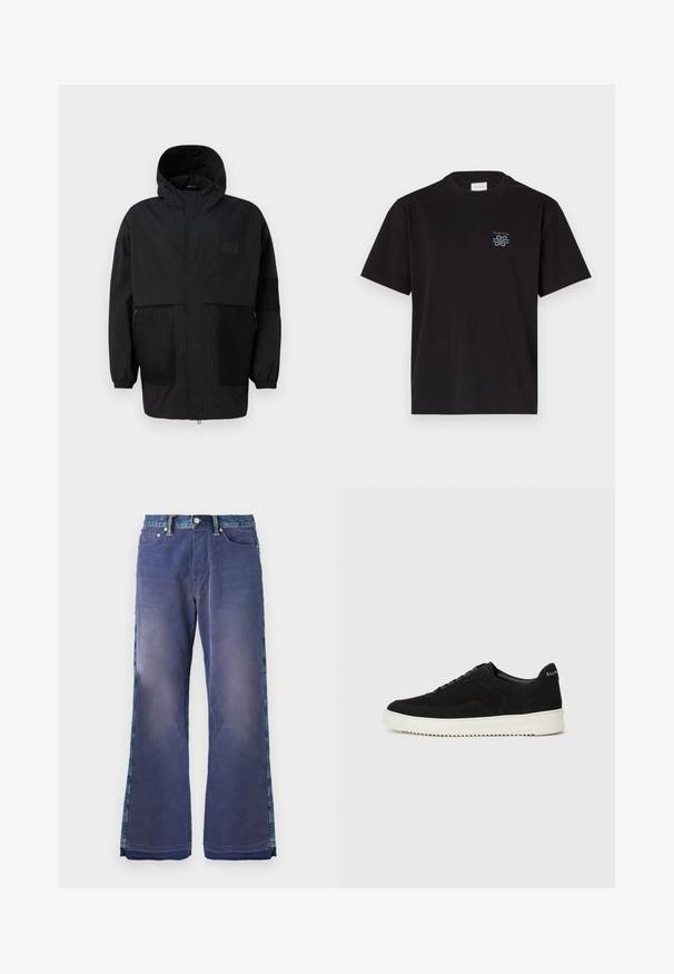 Czarna kurtka z kapturem, wykonana z lekkiego materiału, z siateczkowymi panelami, z zamek błyskawicznym z przodu oraz elastycznymi mankietami dla regulowanego dopasowania.; Czarny bawełniany t-shirt z okrągłym dekoltem i krótkimi rękawami. Posiada małe niebieskie logo na lewej piersi. Prosty, prosty krój.; Evisu - Jeansy Relaxed Fit; Czarne zamszowe sneakersy z designem na sznurówki i kontrastującą białą gumową podeszwą. Posiadają teksturowane boczne panele oraz subtelne logo na pięcie.