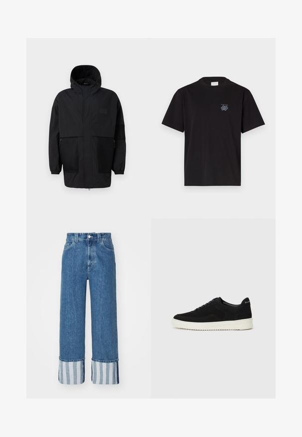 Juodas gobtuvu džemperis, pagamintas iš lengvo audinio, turi tinklinės juosteles, priekinį užtrauktuką ir elastingus rankogalius, leidžiančius pritaikyti dydį.; Juodas medvilninis marškinėliai su apvalia kaklo iškirpte ir trumpomis rankovėmis. Yra mažas mėlynas logotipas ant kairiojo krūtinės. Paprastas, tiesus kirpimas.; Plačiai kojos džinsai vidutinio mėlynumo spalvos, su apvadu mėlynomis ir baltomis vertikaliomis juostelėmis. Klasikinis penkių kišenių dizainas su mygtuko uždarymu.; Juodos veliūrinės sportinės bateliai su raištelių dizainu ir kontrastinga balta gumine padais. Yra tekstūruoti šoniniai skydeliai ir subtilus logotipas ant kulno.