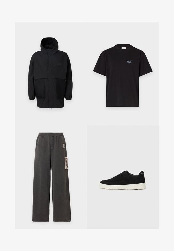 Schwarze Kapuzenjacke aus leichtem Stoff, mit Netzpaneelen, einem Frontreißverschluss und elastischen Bündchen für eine verstellbare Passform.; Schwarzes Baumwoll-T-Shirt mit Rundhalsausschnitt und kurzen Ärmeln. Mit einem kleinen blauen Logo auf der linken Brust. Einfaches, gerade geschnittenes Design.; Weite Hosen aus dunkelgrauem Stoff, mit einem dekorativen Aufnäher auf der vorderen Tasche und einem elastischen Bund für mehr Komfort.; Schwarze Wildleder-Sneaker mit Schnürdesign und kontrastierender weißer Gummisohle. Verfügt über strukturierte Seitenpaneele und dezentes Branding an der Ferse.