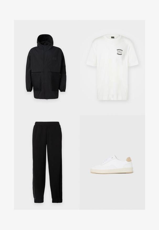 Melnā kapučjaka, kas izgatavota no viegla auduma, ar acs paneļiem, priekšējo rāvējslēdzēju un elastīgām aprocēm, kas nodrošina regulējamu piegulšanu.; Balts kokvilnas T-krekls ar apaļu kaklu un īsām piedurknēm. Iezīmēts ar melnu izšūtu logo kreisajā krūtī. Gluda tekstūra.; Melni sporta bikses, izgatavotas no mīkstas auduma, ar elastīgu jostasvietu, ar piedurkņu malām un sānu sietu paneļiem papildu ventilācijai.; Baltās zemas kedas ar faktūru ādas virsu, krēmkrāsas rievojamu zoli un brūnu pacēlumu uz papēža. Iekļauj baltas auklas un logo detaļu uz papēža.