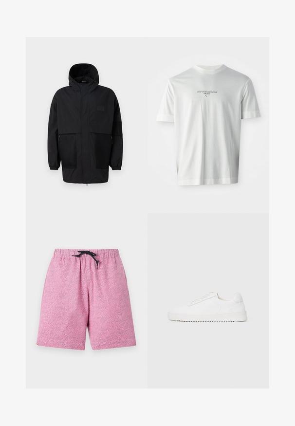 Black hooded jacket made from lightweight fabric, featuring mesh panels, a front zipper, and elastic cuffs for adjustable fit.; White short-sleeve T-shirt with "EMPORIO ARMANI MILANO" logo centered on the chest in subtle raised lettering.; Pink patterned swim shorts with an elastic waistband and black drawstring. Material appears lightweight with a textured surface.; White sneaker with a smooth leather upper, rounded toe, laces, textured side accents, and a thick rubber sole. Minimalist design.