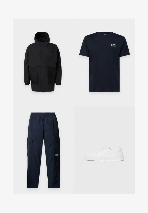 Svart hettejakke laget av lettvektig stoff, med mesh-paneler, en front glidelås og elastiske mansjetter for justerbar passform.; Mørkeblå bomulls t-skjorte med korte ermer, rund hals og en liten hvit brodert logo på venstre bryst. Glatt tekstur.; Marineblå cargo-bukser med elastisk linning, to sidelommer og en cargo-lomme. Lavet af let, struktureret materiale. EA7-logoet er vist.; Hvit sneaker med en glatt skinnoverdel, avrundet tå, snøring, teksturerte sideakenter og en tykkgummisåle. Minimalistisk design.
