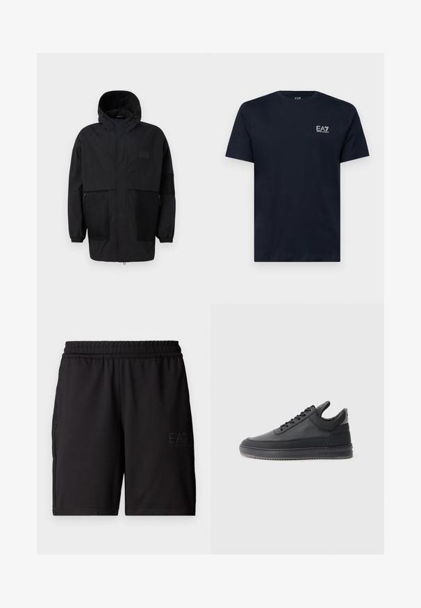 Melnā kapučjaka, kas izgatavota no viegla auduma, ar acs paneļiem, priekšējo rāvējslēdzēju un elastīgām aprocēm, kas nodrošina regulējamu piegulšanu.; Tumši zila kokvilnas T-kreksa ar īsām piedurknēm, apaļu kakla izgriezumu un mazu balto izšūto logotipu kreisajā krūtī. Gluda tekstūra.; Melni sporta šorti, izgatavoti no viegla auduma, ar elastīgu jostasvietu un sieta sānu paneļiem. Zīmola logo drukāts priekšpusē.; Melnas ādas sporta kurpes ar teksturētu virsmu, ar saistēm, zema augstuma un pelēku gumijas zoli ar rievojumu malu.