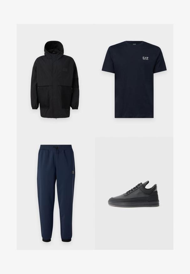 Melnā kapučjaka, kas izgatavota no viegla auduma, ar acs paneļiem, priekšējo rāvējslēdzēju un elastīgām aprocēm, kas nodrošina regulējamu piegulšanu.; Tumši zila kokvilnas T-kreksa ar īsām piedurknēm, apaļu kakla izgriezumu un mazu balto izšūto logotipu kreisajā krūtī. Gluda tekstūra.; Jūras zilas sporta bikses, kas izgatavotas no viegla auduma, ar regulējamu saites jostu un melniem ribotajiem aproces ap potītēm.; Melnas ādas sporta kurpes ar teksturētu virsmu, ar saistēm, zema augstuma un pelēku gumijas zoli ar rievojumu malu.