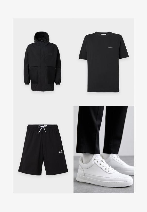 Melnā kapučjaka, kas izgatavota no viegla auduma, ar acs paneļiem, priekšējo rāvējslēdzēju un elastīgām aprocēm, kas nodrošina regulējamu piegulšanu.; Melna kokvilnas T-kreklu ar apaļu kakla izgriezumu, īsām piedurknēm un mazu balto "TIGER OF SWEDEN" logotipu uz krūtīm. Klasiskā piegriezuma.; Melnas sporta bikses, izgatavotas no elastīga auduma, kurām ir elastīgs jostasvieta ar baltu auklu un mazs logs uz kājas.; Baltas ādas kedas ar plakanu gumijas zoli, kas piedāvā gludu apdari, apaļu purngalu un metāla caurules šņorēm. Valkātas ar melnām biksēm.