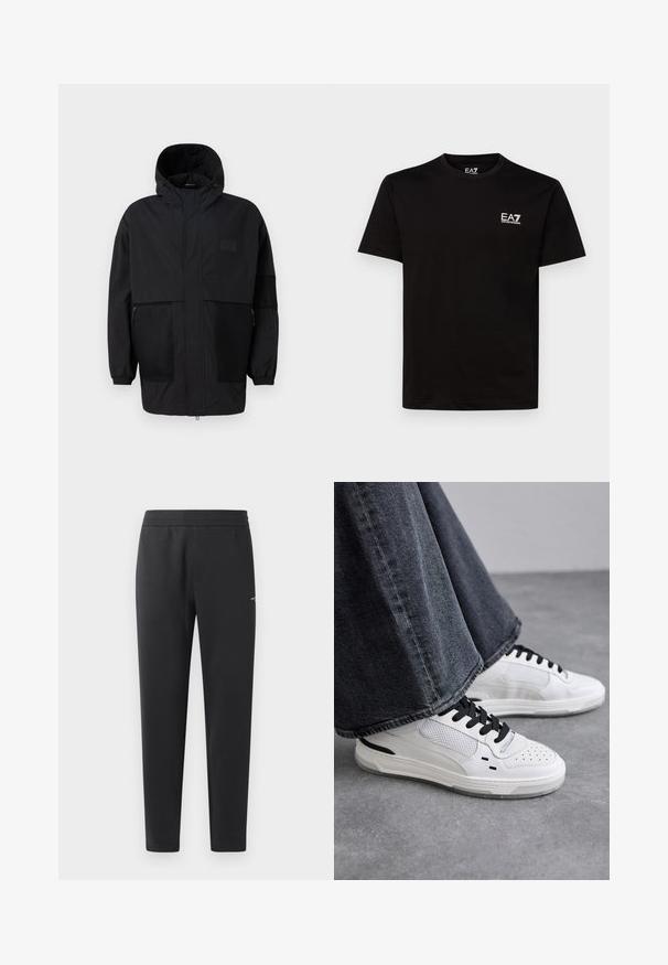 Fekete kapucnis dzseki, könnyű anyagból készült, hálós panelek, elülső cipzár és állítható illeszkedést biztosító rugalmas mandzsetták jellemzik.; Fekete pamut póló kerek nyakkivágással, rövid ujjakkal és kis fehér EA7 logóval a bal mellrészen. Simább anyag és normál szabás.; Fekete sportnadrág puha anyagból, rugalmas derékpánttal, egyenes szárakkal és egy kis logó részlettel az oldalán.; Fehér sportcipő fekete füzőkkel és hálós részletekkel. Simas bőr felsőrésze van, valamint egy textúrált gumitalppal rendelkezik. Széles lábszárú szürke farmernadrággal párosítva.