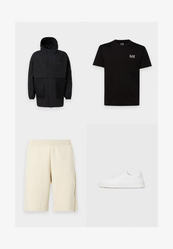 Svart hettejakke laget av lettvektig stoff, med mesh-paneler, en front glidelås og elastiske mansjetter for justerbar passform.; Sorte bomull T-skjorte med rund hals, korte ermer og liten hvit EA7-logo på venstre bryst. Glatt tekstur og vanlig passform.; Krèmfargede shorts laget av myk stoff, med en jevn tekstur, en elastisk midjebånd og glidelåslommer på siden.; Hvit sneaker med en glatt skinnoverdel, avrundet tå, snøring, teksturerte sideakenter og en tykkgummisåle. Minimalistisk design.
