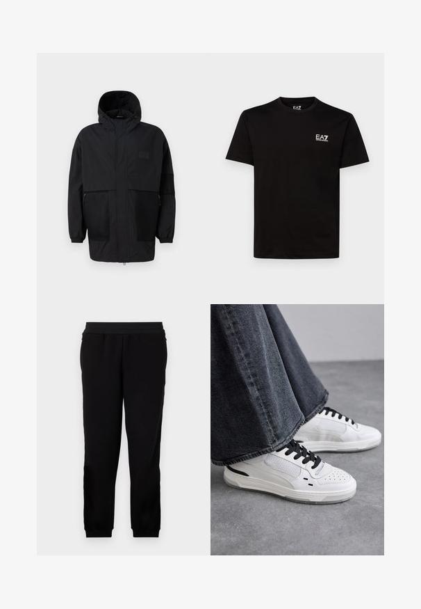 Melnā kapučjaka, kas izgatavota no viegla auduma, ar acs paneļiem, priekšējo rāvējslēdzēju un elastīgām aprocēm, kas nodrošina regulējamu piegulšanu.; Melns kokvilnas T-krekls ar apaļu kakla izgriezumu, īsām piedurknēm un mazu balto EA7 logotipu kreisajā krūtīs. Gluda tekstūra un regulāra piegriezte.; Melni treniņbikses, kas izgatavotas no mīksta materiāla, ar elastīgu jostu, pieguļošiem piedurknēm un sānu kabatām papildu ērtībai.; Baltas sneakers ar melnām auklām un sieta detaļām. Iekļauj gludu ādas virsu un strukturētu gumijas zoli. Pāris ar platām pelēkām džinsām.