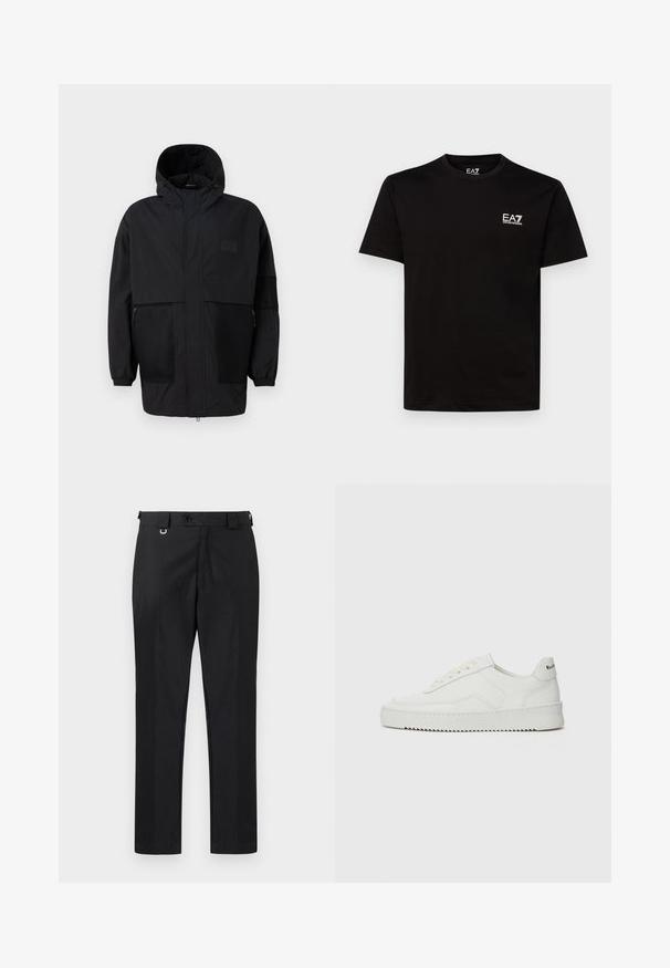 Črna kapuča jakna iz lahkega materiala, ki ima mrežaste panele, sprednje zadrgo in elastične manšete za prilagodljiv fit.; Črna bombažna majica s kratkimi rokavi in krožnim izrezom, z majhnim belim logotipom EA7 na levem prsnem delu. Gladka tekstura in običajen kroj.; Črne hlače s pripasanim krojem, z gumbom in zankami za pas. Gladka tekstura z minimalnimi detajli.; Bela usnjena športna obutev z gladko površino, okroglo prst, ravne vezalke in teksturiran podplat. Ima diskretno logo na peti.