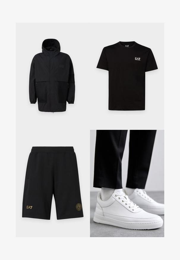 Casaco preto com capuz, feito de um tecido leve, apresentando painéis de malha, um fecho éclair frontal e punhos elásticos para um ajuste ajustável.; T-shirt preta de algodão com decote redondo, mangas curtas e pequeno logótipo EA7 branco no lado esquerdo do peito. Textura suave e corte regular.; Calções pretos feitos de um tecido macio com uma cintura elástica. Apresenta o logótipo dourado EA7 na parte da frente e um detalhe redondo na lateral.; Sneakers brancos de couro com uma sola de borracha plana, apresentando um acabamento suave, bico redondo e ilhós de metal para os atacadores. Usados com calças pretas.