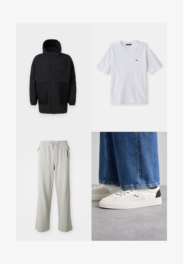 Black hooded jacket made from lightweight fabric, featuring mesh panels, a front zipper, and elastic cuffs for adjustable fit.; White cotton t-shirt with a crew neck and short sleeves, featuring a small black logo on the chest. Smooth texture and relaxed fit.; Gray sweatpants made of soft fabric, featuring a drawstring waist, side pockets, and a printed logo along the left leg.; White and black sneakers with a smooth leather upper, textured accents, and a chunky white sole. Features a classic lace-up design.