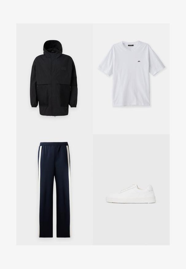 Schwarze Kapuzenjacke aus leichtem Stoff, mit Netzpaneelen, einem Frontreißverschluss und elastischen Bündchen für eine verstellbare Passform.; Weißes Baumwoll-T-Shirt mit Rundhalsausschnitt und kurzen Ärmeln, versehen mit einem kleinen schwarzen Logo auf der Brust. Glatte Textur und lässiger Schnitt.; Navy Sweatpants mit weitem Bein Design, ausgestattet mit vertikalen cremefarbenen Streifen an den Seiten. Hergestellt aus weichem, strukturiertem Stoff mit einem elastischen Bund.; Weißer Sneaker mit einem Obermaterial aus glattem Leder, abgerundetem Zehenbereich, Schnürsenkeln, strukturierten seitlichen Akzenten und einer dicken Gummisohle. Minimalistisches Design.