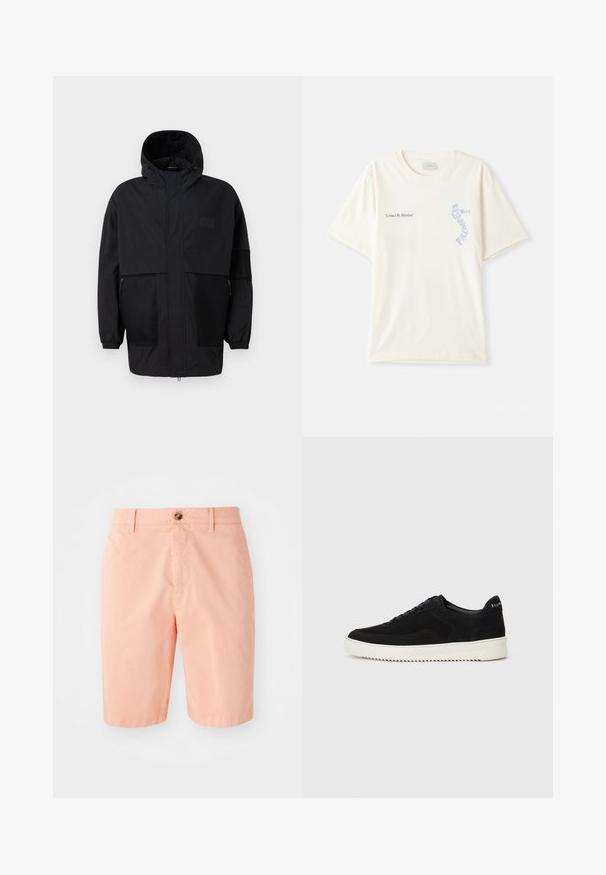 Veste à capuche noire en tissu léger, dotée de panneaux en mesh, d'une fermeture éclair à l'avant et de poignets élastiques pour un ajustement réglable.; T-shirt en coton blanc à manches courtes, présentant le texte « United By Rhythm » en noir et bleu sur la poitrine. Design à col rond.; Shorts de couleur pêche en tissu léger, avec un design classique, une fermeture à bouton sur le devant et des poches latérales.; Baskets en daim noir avec un design à lacets et une semelle en caoutchouc blanc contrastant. Comprend des panneaux latéraux texturés et un logo subtil sur le talon.