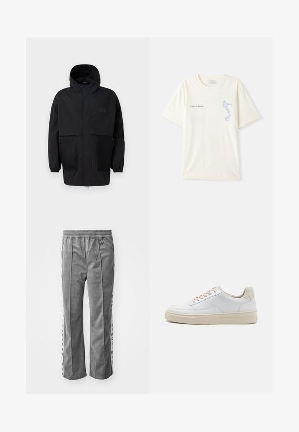 Čierna kapucňová bunda vyrobená z ľahkého materiálu, s priehľadnými panelmi, predným zipsom a elastickými manžetami pre nastaviteľné prispôsobenie.; Biely bavlnený tričko s krátkymi rukávmi, s nápisom "United By Rhythm" v čiernej a modrej grafike na hrudi. S okrúhlym výstrihom.; Šedé velúrové nohavice s elastickým pásom, s bočnými pruhmi s grafickými potlačami. Voľný strih, hladká textúra a bez vreciek.; Biele tenisky s hladkým koženým zvrškom, béžovými šnúrkami a textúrovaným béžovým semišovým pätovým panelom. Zvýšená podrážka pre väčšiu výšku.