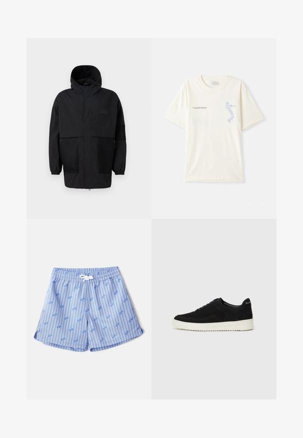 Musta huppari, joka on valmistettu kevyestä kankaasta, sisältäen verkkopaneeleja, etuvetoketjun ja joustavat hihansuut säädettävää istuvuutta varten.; Valkoinen puuvillainen t-paita lyhyillä hihoilla, jossa on "United By Rhythm" -teksti mustana ja sinisenä grafiikkana rinnassa. Pyöreä kaulus.; Vaaleansiniset uimapuvut, joissa on pystysuorat valkoiset raidat ja pieniä sinisiä logoja. Yksityiskohtina joustava vyötärö, jossa on valkoinen naru ja sivuhalkiot.; Mustat mokkakengät nauhoilla ja kontrastivalkoisella kumipohjalla. Varustettu teksturoiduilla sivupaneeleilla ja huomaamattomalla brändäyksellä kantapäässä.