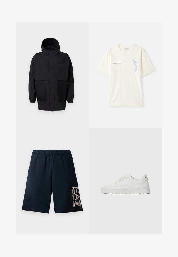 Čierna kapucňová bunda vyrobená z ľahkého materiálu, s priehľadnými panelmi, predným zipsom a elastickými manžetami pre nastaviteľné prispôsobenie.; Biely bavlnený tričko s krátkymi rukávmi, s nápisom "United By Rhythm" v čiernej a modrej grafike na hrudi. S okrúhlym výstrihom.; Námornícke modré pánske šortky vyrobené z mäkkého materiálu, s elastickým pásom a výrazným logom EA7 potlačeným svetlým písmom na ľavej nohe.; Biele kožené tenisky s hladkým povrchom, okrúly špičkový dizajn, ploché šnúrky a textúrovaná podrážka. Obsahujú jemné logo na päte.