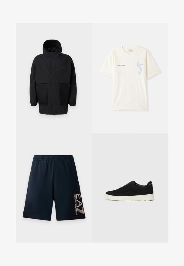 Crna kapuljača od laganog materijala, s mrežastim panelima, prednjim zatvaračem i elastičnim manžetama za prilagodljivu veličinu.; Bijela pamučna majica s kratkim rukavima, s natpisom "Ujedinjeni ritmom" u crnoj i plavoj grafici na prsima. Okrugli izrez.; Muške kratke hlače u tamnoplavoj boji od mekanog materijala, s elastičnom gumom u struku i hrabrim EA7 logotipom otisnutim svijetle boje na lijevoj nozi.; Crne nubuk tenisice s vezanjem i kontrastnom bijelom gumenom potplatom. Imaju teksturirane bočne panele i suptilno brendiranje na peti.