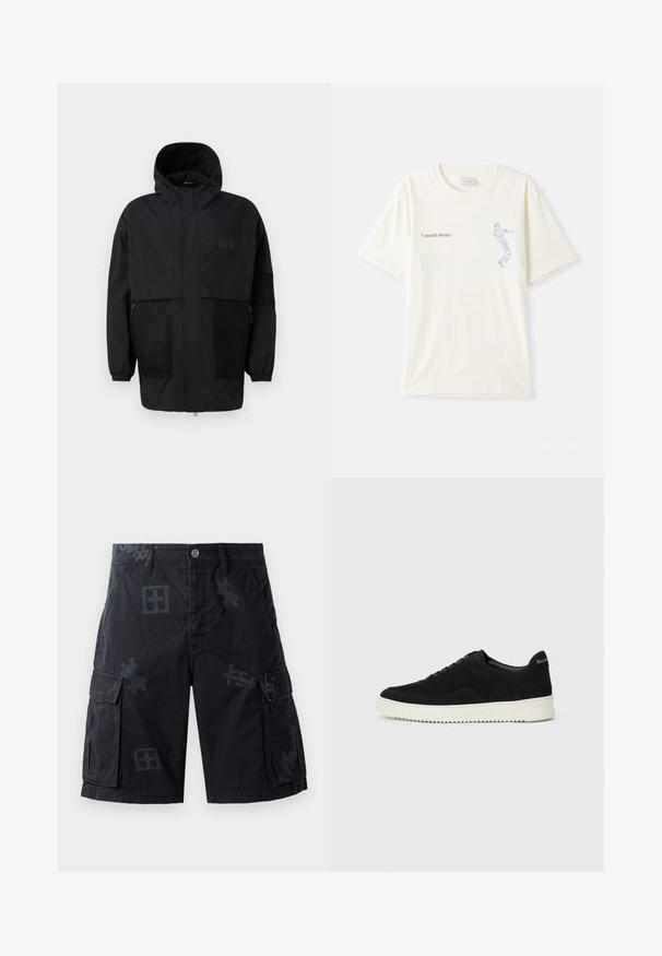 Svart huva jacka gjord av lättviktsmaterial, med meshpaneler, en främre dragkedja och elastiska manschetter för justerbar passform.; Vit bomull t-shirt med korta ärmar, med texten "United By Rhythm" i svart och blå grafik på bröstet. Rund halsdesign.; Svarta cargoshorts med två sidofickor, knappstängning och ton-i-ton grafiska mönster. Tillverkade av texturerat tyg.; Svarta mockaskor med snörningsdesign och kontrasterande vita gummisulor. Har texturerade sidopaneler och diskret branding på hälen.