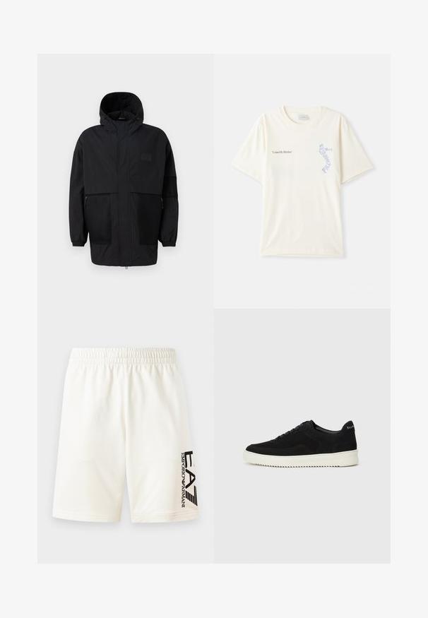 Fekete kapucnis dzseki, könnyű anyagból készült, hálós panelek, elülső cipzár és állítható illeszkedést biztosító rugalmas mandzsetták jellemzik.; Fehér pamut póló rövid ujjakkal, az „Egy ritmus által összekapcsolva” felirattal fekete és kék grafikával a mellkason. Kerek nyakú kialakítás.; Fehér pamut rövidnadrág rugalmas derékkal, bal oldalon fekete logóval. Egyenes szabású, minták nélkül.; Fekete velúr sportcipő fűzős dizájnnal és kontrasztos fehér gumitalppal. Jellemzői a textúrázott oldalpanelek és a diszkrét logó a sarokon.