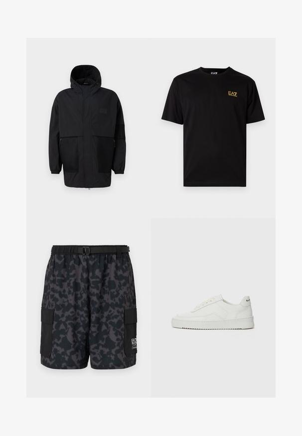 Black hooded jacket made from lightweight fabric, featuring mesh panels, a front zipper, and elastic cuffs for adjustable fit.; Black cotton t-shirt with short sleeves, featuring a small yellow embroidered logo on the left chest area. Classic crew neckline design.; Black shorts with a dark camo pattern, elastic waistband, side pockets, and a belt with a buckle. Made from lightweight, comfortable material.; White leather sneaker with a smooth finish, round toe, flat laces, and a textured sole. Features a subtle logo on the heel.