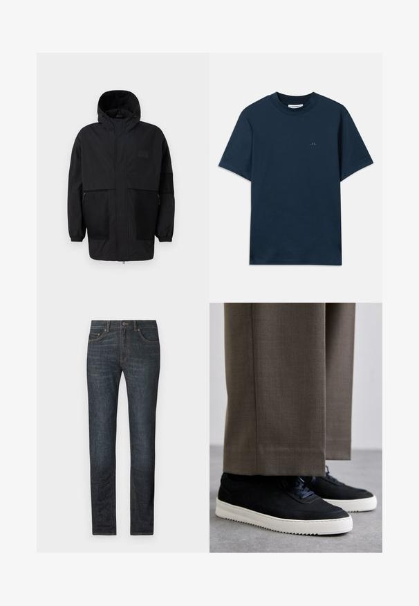 Juodas gobtuvu džemperis, pagamintas iš lengvo audinio, turi tinklinės juosteles, priekinį užtrauktuką ir elastingus rankogalius, leidžiančius pritaikyti dydį.; Tamsiai mėlynas medvilninis marškinėlis su apvalia iškirpte, trumpomis rankovėmis ir subtiliu logotipu, atspaustu ant krūtinės. Sklandus paviršius ir klasikė tinka.; Tamsiai mėlyni džinsai su tiesiu kirpimu, mygtukų užtrauktuku ir penkiomis kišenėmis. Audinys turi lygią tekstūrą su subtiliomis siūlėmis.; Juodi zomšiniai sportbačiai su baltais guminiais padais, su apvalia nosimi ir raišteliais, dėvimi su pilkais pritaikytais kelnais.