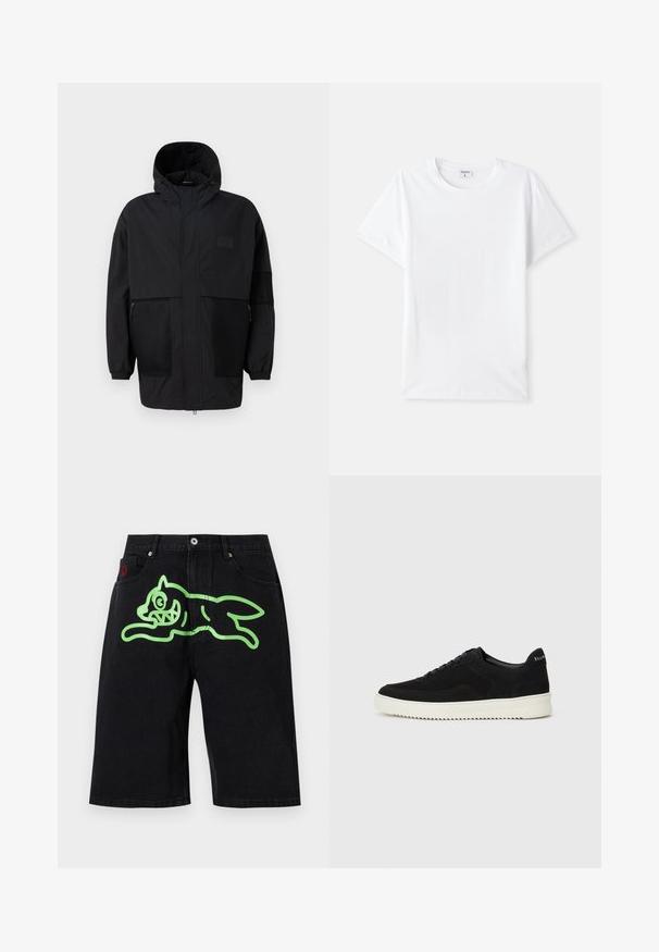 Črna kapuča jakna iz lahkega materiala, ki ima mrežaste panele, sprednje zadrgo in elastične manšete za prilagodljiv fit.; Bela bombažna majica, krojaške ovratnik, kratki rokavi, gladka tekstura, brez vzorcev ali akcentov, preprost dizajn, standardni kroj.; Icecream RUNNING DOG - Kratke hlače iz džinsa - black denim; Črni semiš teniški copati z vezalkami in kontrastnim belim gumijastim podplatom. Imajo teksturirane stranske panele in subtilno oznako na peti.