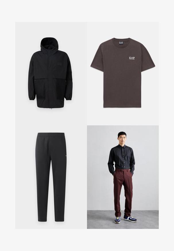 Black hooded jacket made from lightweight fabric, featuring mesh panels, a front zipper, and elastic cuffs for adjustable fit.; Dark gray short-sleeve crew neck t-shirt with small white EA7 Emporio Armani logo on the left chest and neck label.; Black jogger pants made of soft fabric, featuring an elastic waistband, straight legs, and a single small logo detail on the side.; Black, long-sleeve button-up shirt paired with high-waisted, burgundy trousers and blue sneakers with green accents. Model stands hands in pockets.