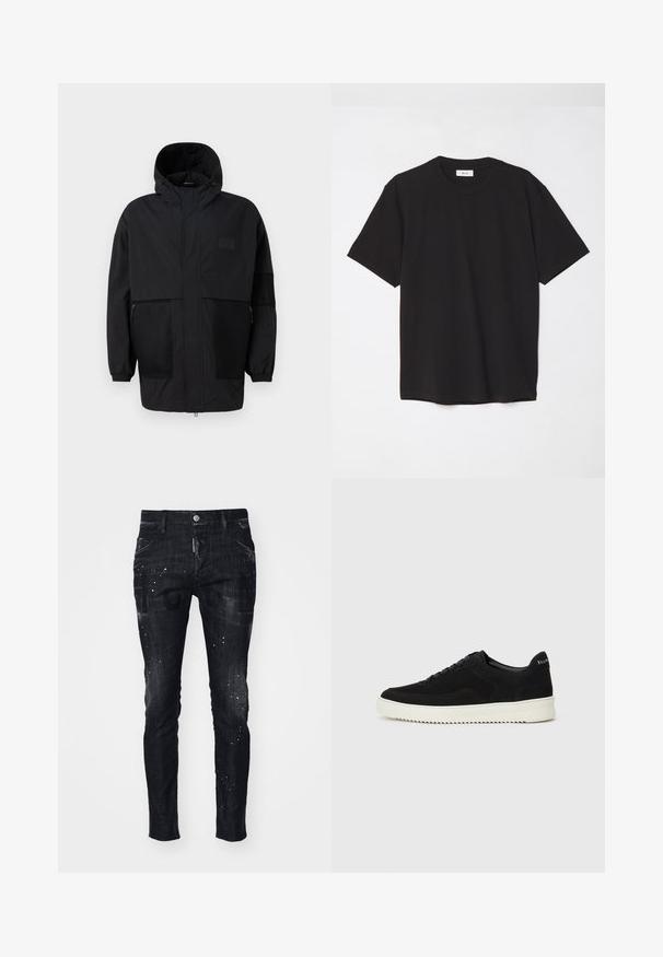 Black hooded jacket made from lightweight fabric, featuring mesh panels, a front zipper, and elastic cuffs for adjustable fit.; Black cotton t-shirt with a crew neck, short sleeves, and a relaxed fit. Simple design, smooth texture, and no visible patterns or logos.; Black denim jeans featuring a slim fit, distressed texture, paint splatter accents, and bold graphic prints on the front.; Black suede sneaker with lace-up design and contrasting white rubber sole. Features textured side panels and subtle branding on the heel.