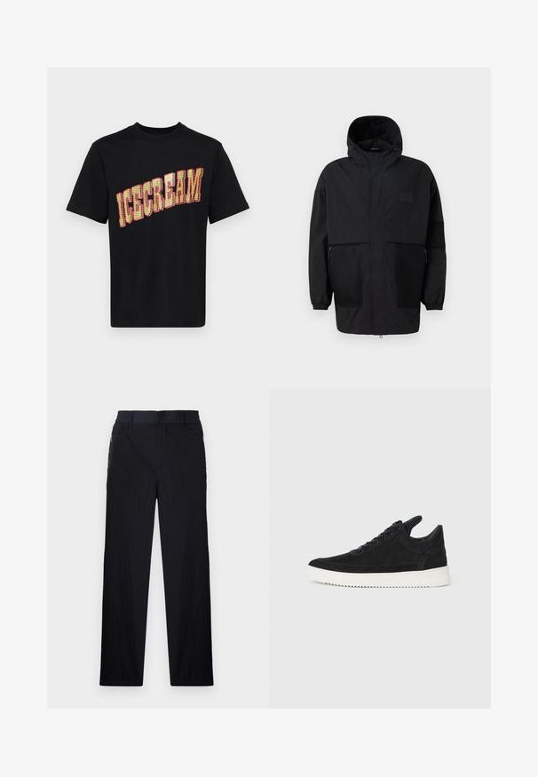 Svart hettejakke laget av lettvektig stoff, med mesh-paneler, en front glidelås og elastiske mansjetter for justerbar passform.; Svart bomull T-skjorte med en stor, fet "ICECREAM"-grafikk i gul og rød, med et strukturert, mønstret design på bokstavene.; Sorte bukser med lett og teksturert stoff, rett ben-design, elastisk midjebånd og sidelommer med glidelås.; Sorte semskede sneakers med hvit gummisåle, med tonale sømmer og snøring. Glatt tekstur med en moderne, strømlinjeformet form.