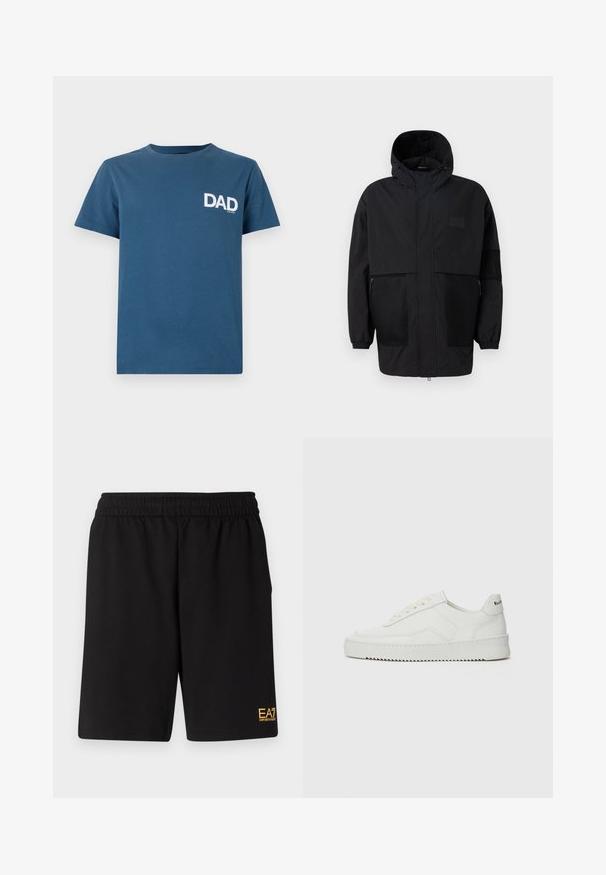 Juodas gobtuvu džemperis, pagamintas iš lengvo audinio, turi tinklinės juosteles, priekinį užtrauktuką ir elastingus rankogalius, leidžiančius pritaikyti dydį.; Mėlynas medvilninis marškinėliai trumpomis rankovėmis ir apvalia iškirpte, su baltu "TĖTIS" tekstu kairėje krūtinės pusėje.; Juoda sportinė šortai, pagaminti iš minkštos medžiagos, su elastingu diržu ir maža geltona EA7 logo apatinėje kairėje kojoje.; Balti odiniai sportiniai bateliai su lygia apdaila, apvaliu pirštu, plokščiais raišteliais ir tekstūruotu padu. Pasižymi subtiliu logotipu ant kulno.
