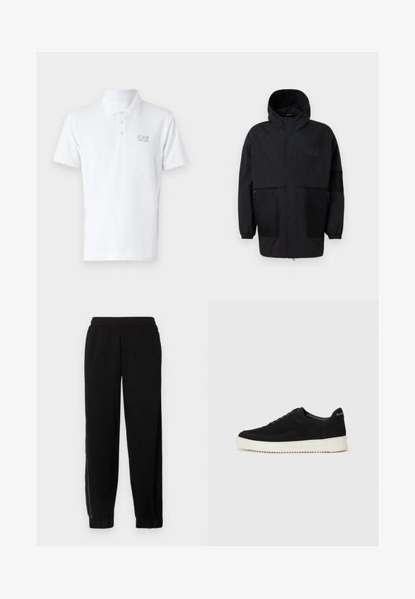 Černá kapucňová bunda vyrobená z lehké tkaniny, s síťovinovými panely, předním zipem a elastickými manžetami pro nastavitelné přizpůsobení.; Bílá polo košile vyrobená z bavlny. Má klasický límec, tříknoflíkovou légu a světle šedé logo EA7 na hrudi. Krátké rukávy.; Černé joggingové kalhoty vyrobené z měkké tkaniny, s elastickým pasem, manžetami na nohavicích a bočními síťovinami pro lepší ventilaci.; Černé semišové tenisky s krajkovým designem a kontrastní bílou gumovou podrážkou. Obsahují texturované boční panely a jemné branding na patě.