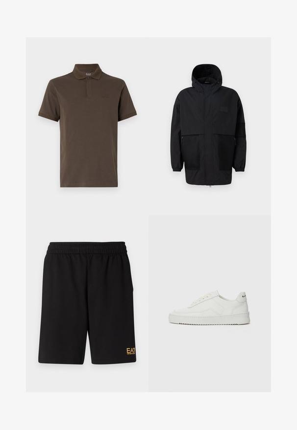 Chaqueta negra con capucha hecha de un tejido ligero, con paneles de malla, cremallera frontal y puños elásticos para un ajuste ajustable.; Camiseta polo de algodón marrón con mangas cortas, un cuello clásico y un logotipo en relieve en el pecho. Color sólido sin patrones.; Pantalones cortos deportivos negros de tejido suave, con una cintura elástica y un pequeño logo amarillo de EA7 en la parte inferior de la pierna izquierda.; Zapatilla de cuero blanca con un acabado suave, puntera redonda, cordones planos y suela texturizada. Cuenta con un sutil logo en el talón.