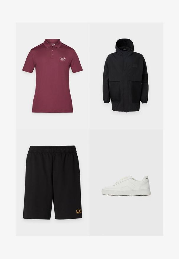 Musta huppari, joka on valmistettu kevyestä kankaasta, sisältäen verkkopaneeleja, etuvetoketjun ja joustavat hihansuut säädettävää istuvuutta varten.; Burgundi väri polosärk, mis on valmistatud siledast kangast, millel on krae, kaks nööpi ja ringikujuline logo vasakul rinnal. Lühikesed varrukad.; Mustat urheilushortsit, jotka on valmistettu pehmeästä kankaasta. Kengissä on joustava vyötärönauha ja pieni keltainen EA7-logo vasemmassa alakulmassa.; Valkoinen nahkakenkä, jossa on sileä pinta, pyöreä kärki, tasaiset nauhat ja teksturoitu pohja. Sisältää huomaamattoman logon kantapäässä.