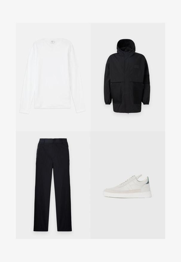 Schwarze Kapuzenjacke aus leichtem Stoff, mit Netzpaneelen, einem Frontreißverschluss und elastischen Bündchen für eine verstellbare Passform.; Weißes langärmliges T-Shirt mit V-Ausschnitt, aus weichem Material, mit einer lockeren Passform und seitlichen Schlitzen für mehr Bewegungsfreiheit.; Schwarze Hose aus leichtem, strukturiertem Stoff, mit geradem Bein, elastischem Bund und seitlichen Reißverschlusstaschen.; Weiße Leder-Sneaker mit grauen Wildleder-Akzenten, Schnürdesign, Zuglasche und strukturiertem Gummisohle mit Zickzackmuster.