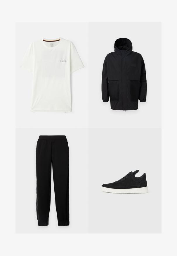 Svart hettejakke laget av lettvektig stoff, med mesh-paneler, en front glidelås og elastiske mansjetter for justerbar passform.; Hvit bomulls t-skjorte med korte ermer, med en liten svart trykt logo på brystet og en farget stripe inni halsåpningen.; Svarte joggebukser laget av myk tekstil, med elastisk midje, ribbede hem og sidelengs mesh-paneler for ekstra ventilasjon.; Sorte semskede sneakers med hvit gummisåle, med tonale sømmer og snøring. Glatt tekstur med en moderne, strømlinjeformet form.
