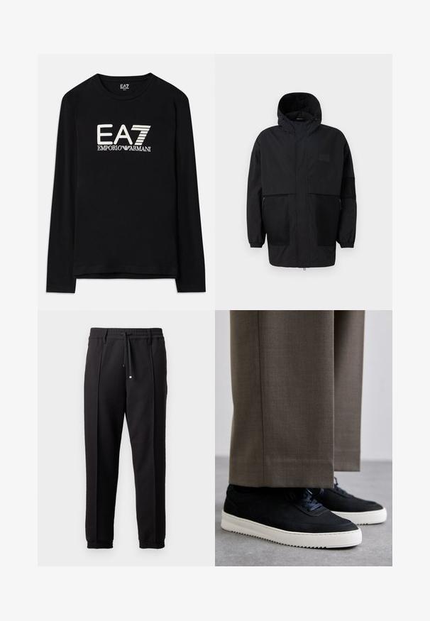 Musta huppari, joka on valmistettu kevyestä kankaasta, sisältäen verkkopaneeleja, etuvetoketjun ja joustavat hihansuut säädettävää istuvuutta varten.; Musta pitkähihainen paita, jossa on valkoiset brodeeratut EA7- ja Emporio Armani -logot. Pehmeä kangas, pyöreä kaula-aukko ja suora helma.; Mustat housut, joissa on vyötäröhine, naru ja joustavat hihnat. Ominaisuuksiin kuuluvat pleatit ja sileä, teksturoitu kangas.; Mustat mokkakengät valkoisilla kumipohjilla, joissa on pyöreä kärki ja nauhat, käytetään harmaiden räätälöityjen housujen kanssa.