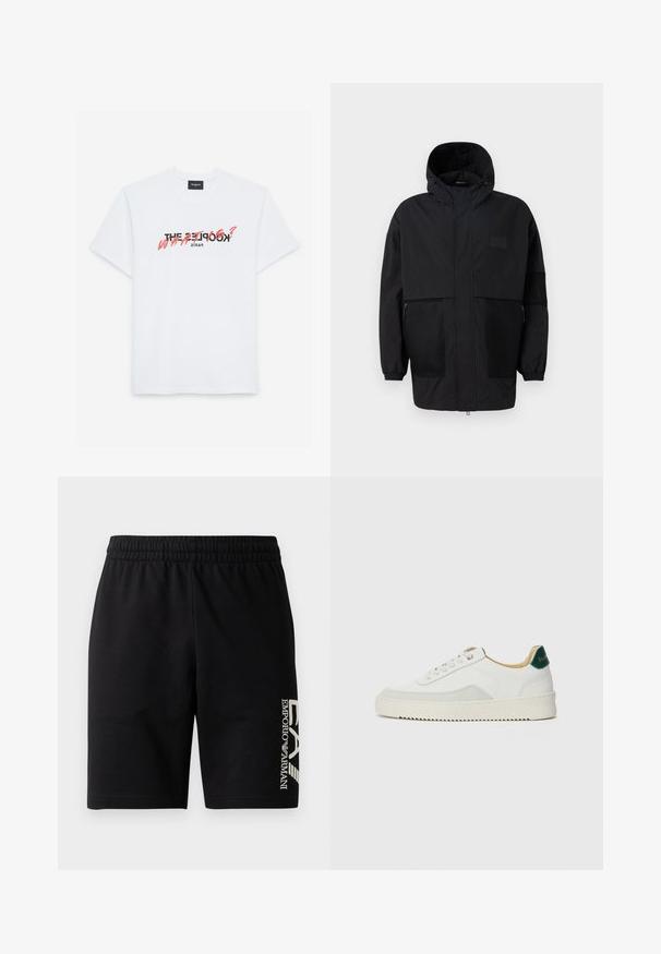 Svart hettejakke laget av lettvektig stoff, med mesh-paneler, en front glidelås og elastiske mansjetter for justerbar passform.; Hvit bomulls T-skjorte med kort erm som har et svart og korallfarget grafisk trykk. Teksten sier: "THE KOOPLES? HVAD?" og "PARIS."; EA7 Emporio Armani TRAIN VISIBILITY - Shorts - black/cream; Hvit sneakers med semsket detaljer, rund tå, flate snøringer og en kremfarget gummisåle. Har grønn merking på hælen.