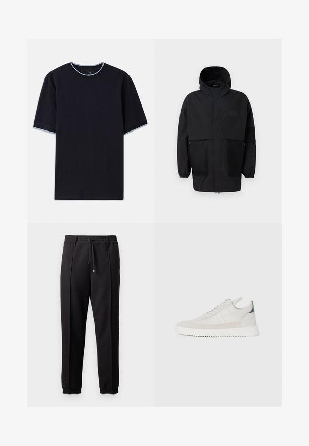 Svart hettejakke laget av lettvektig stoff, med mesh-paneler, en front glidelås og elastiske mansjetter for justerbar passform.; Mørkeblå t-skjorte med korte ermer og rund hals, med lyseblå detaljer ved kragen og ermene. Laget av myk bomullsstoff.; Sorte bukser med liv, snor og elastiske mansjetter. Har plisséer og et glatt, teksturert stoff.; Hvite lær sneakers med grå semsket skinndetaljer, snøring, bånd for å dra opp, og en teksturert gummisåle med en sikksakk-mønster.