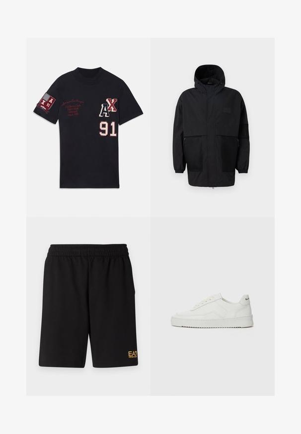 Juodas gobtuvu džemperis, pagamintas iš lengvo audinio, turi tinklinės juosteles, priekinį užtrauktuką ir elastingus rankogalius, leidžiančius pritaikyti dydį.; Juodas medvilnės marškinėliai trumpomis rankovėmis su išsiuvinėjimais, įskaitant "AX" ir "91" baltos ir raudonos spalvos, bei ženkleliu su "A/X 91" ant rankovės.; Juoda sportinė šortai, pagaminti iš minkštos medžiagos, su elastingu diržu ir maža geltona EA7 logo apatinėje kairėje kojoje.; Balti odiniai sportiniai bateliai su lygia apdaila, apvaliu pirštu, plokščiais raišteliais ir tekstūruotu padu. Pasižymi subtiliu logotipu ant kulno.