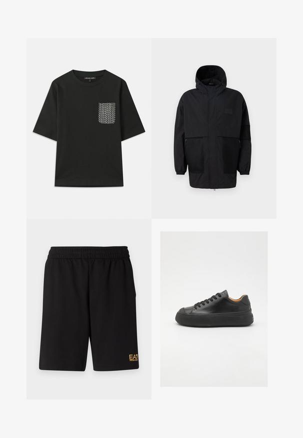 Černá kapucňová bunda vyrobená z lehké tkaniny, s síťovinovými panely, předním zipem a elastickými manžetami pro nastavitelné přizpůsobení.; Černé bavlněné tričko s kulatým výstřihem a krátkými rukávy. Obsahuje vzorovanou kapsu na levé straně s bílými geometrickými vzory.; Černé sportovní šortky vyrobené z měkké látky, s elastickým pasem a malým žlutým logem EA7 na dolní části levé nohy.; Černé kožené tenisky s kulatou špičkou, šněrováním v přední části, hladkým povrchem, silnou gumovou podrážkou a kontrastním tan interiérem.