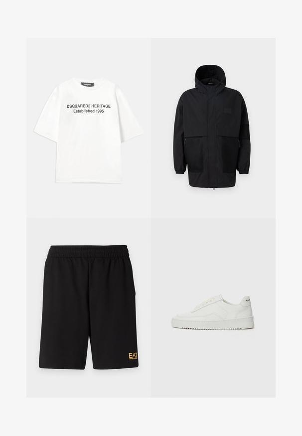 Schwarze Kapuzenjacke aus leichtem Stoff, mit Netzpaneelen, einem Frontreißverschluss und elastischen Bündchen für eine verstellbare Passform.; Dsquared2 T-Shirt print - white; Schwarze Sportshorts aus weichem Material, mit einem elastischen Bund und einem kleinen gelben EA7-Logo am unteren linken Bein.; Weiße Ledersneaker mit glatter Oberfläche, runder Zehenpartie, flachen Schnürsenkeln und strukturiertem Sohlenprofil. Mit einem dezenten Logo an der Ferse.
