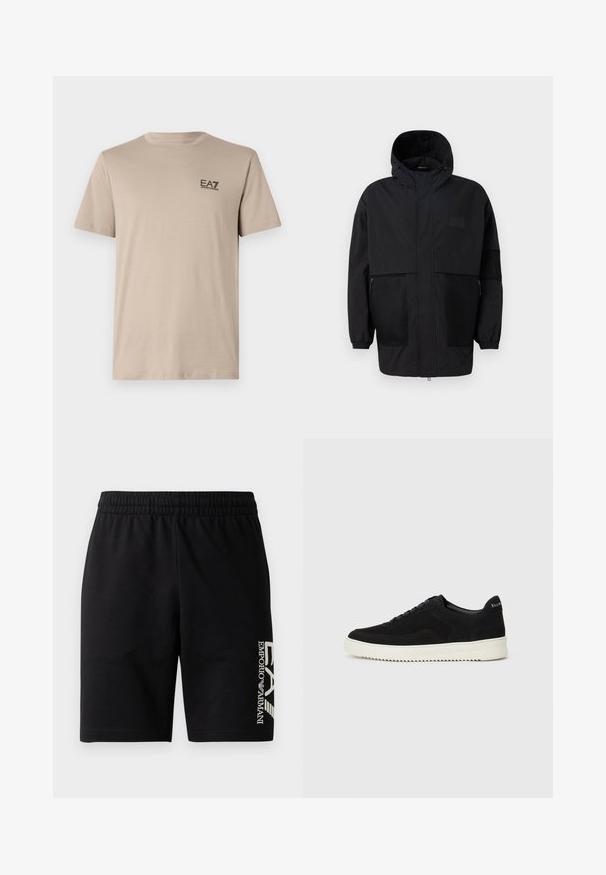 Musthave musta kapuutsiga jakk, mis on valmistatud kergest kangast, koos võrgupaneelide, ees oleva tõmbluku ja elastsete mansettidega kohandatava sobivuse jaoks.; Beige lühikeste varrukatega T-särk pehmest puuvillast. Esiküljel on väike must logo vasakul rinnapeal. Ümmargune kaelus, tavaline lõige ja sile tekstuur.; EA7 Emporio Armani TRAIN VISIBILITY - Lühikesed püksid - black/cream; Mustad suede jooksujalatsid, millel on paelad ja kontrastne valge kummitald. Omab tekstuuriga külgpaneele ja tagasihoidlikku brändimist kandadel.