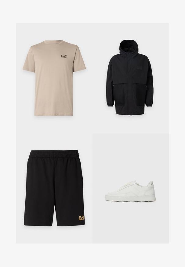 Čierna kapucňová bunda vyrobená z ľahkého materiálu, s priehľadnými panelmi, predným zipsom a elastickými manžetami pre nastaviteľné prispôsobenie.; Bežové tričko s krátkym rukávom z mäkkej bavlny. Obsahuje malé čierne logo na ľavej strane hrudníka. Okrúhly výstrih, normálny strih a hladká textura.; Čierne športové šortky vyrobené z jemného materiálu, s elastickým pásom a malým žltým logom EA7 na dolnej ľavej nohe.; Biele kožené tenisky s hladkým povrchom, okrúly špičkový dizajn, ploché šnúrky a textúrovaná podrážka. Obsahujú jemné logo na päte.