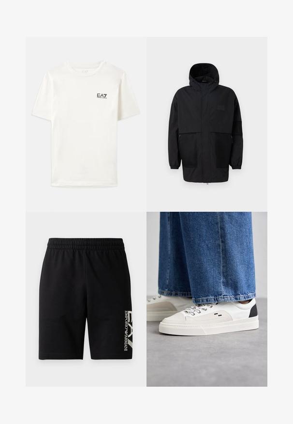 Črna kapuča jakna iz lahkega materiala, ki ima mrežaste panele, sprednje zadrgo in elastične manšete za prilagodljiv fit.; Bela bombažna majica s kratkimi rokavi, okroglim izrezom in majhnim črnim logotipom EA7 na levem prsnem delu. Gladka tekstura, standarden kroj.; EA7 Emporio Armani TRAIN VISIBILITY - Kratke hlače - black/cream; Bela in črna športna obuvala z gladkim usnjenim zgornjim delom, teksturiranimi detajli in masivnim belim podplatom. Imajo klasičen dizajn z vezalkami.