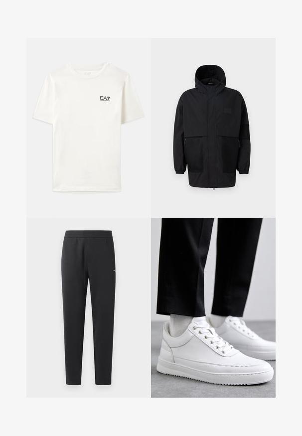 Musthave musta kapuutsiga jakk, mis on valmistatud kergest kangast, koos võrgupaneelide, ees oleva tõmbluku ja elastsete mansettidega kohandatava sobivuse jaoks.; Valge puuvillane T-särk lühikeste varrukatega, ümar kaelus ja väike must EA7 logo vasakul rinnus. Sile tekstuur, tavapärane lõige.; Mustad jogger pants pehmest kangast, millel on elastne vöökoht, sirged sääred ja üks väike logodetail küljel.; Valged nahast tennisetossud, millel on lame kummist tallapool, sile viimistlus, ümar varvas ja metallist silmadega paelte jaoks. Kantud mustade pükstega.