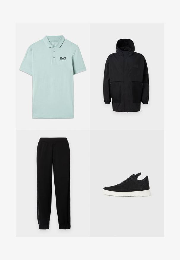 Black hooded jacket made from lightweight fabric, featuring mesh panels, a front zipper, and elastic cuffs for adjustable fit.; Light mint green polo shirt made of cotton. Features a buttoned collar, short sleeves, and a black embroidered logo on the chest.; Black jogger pants made of soft fabric, featuring an elastic waistband, cuffed hems, and side mesh panels for added ventilation.; Black suede sneaker with a white rubber sole, featuring tonal stitching and lace-up design. Smooth texture with a modern, streamlined shape.