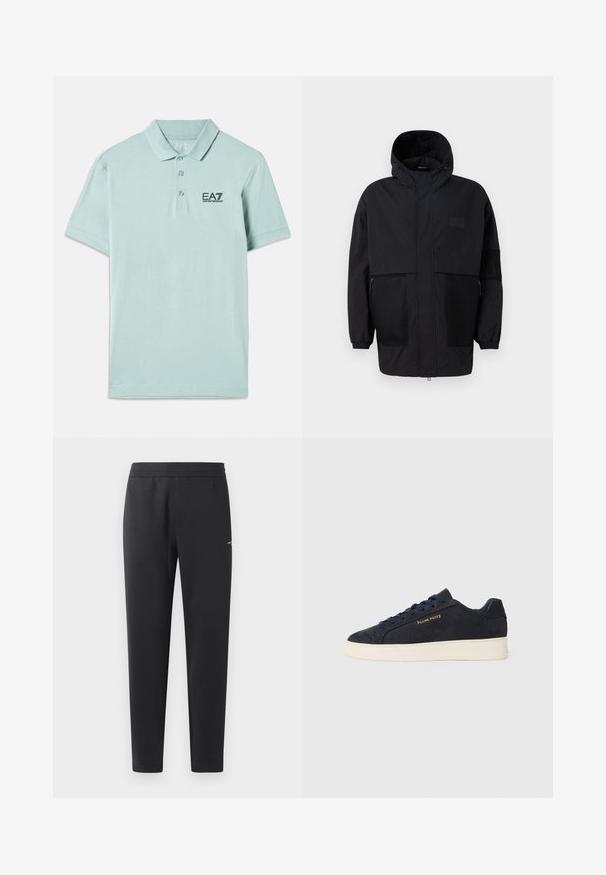 Čierna kapucňová bunda vyrobená z ľahkého materiálu, s priehľadnými panelmi, predným zipsom a elastickými manžetami pre nastaviteľné prispôsobenie.; Polo tričko svetlej mäty vyrobené z bavlny. Má gombíkový golier, krátke rukávy a čierny výšivkový logo na hrudi.; Čierne joggingové nohavice z mäkkej tkaniny, s elastickým pásom, rovnými nohavicami a malým logom na boku.; Námornícky modré semišové nízke tenisky s bielou podrážkou, námorníckymi šnúrami a zlatým logom "Filling Pieces" na boku.