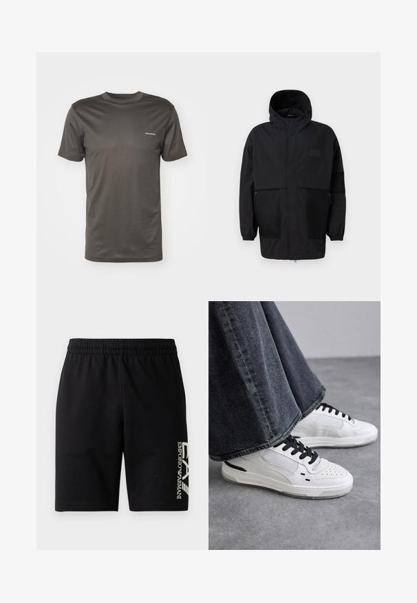 Fekete kapucnis dzseki, könnyű anyagból készült, hálós panelek, elülső cipzár és állítható illeszkedést biztosító rugalmas mandzsetták jellemzik.; Emporio Armani Basic póló - chimera; EA7 Emporio Armani TRAIN VISIBILITY - Rövidnadrágok - black/cream; Fehér sportcipő fekete füzőkkel és hálós részletekkel. Simas bőr felsőrésze van, valamint egy textúrált gumitalppal rendelkezik. Széles lábszárú szürke farmernadrággal párosítva.