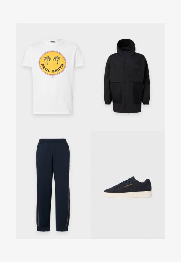 Melnā kapučjaka, kas izgatavota no viegla auduma, ar acs paneļiem, priekšējo rāvējslēdzēju un elastīgām aprocēm, kas nodrošina regulējamu piegulšanu.; Baltās kokvilnas t-kreklu, kas izceļas ar lielu apļveida grafiku ar dzeltenu fona, palmu kokiem un "PAUL SMITH" treknajiem melnajiem burtiem.; Jūras spēku krāsas treniņbikses ar maigu tekstūru, sašaurinātām piedurknēm un sietiņa sānu paneliem. Elastīga josta komfortam un ikdienas pieguvei.; Navy zila zamšas zema augstuma kedas ar baltu zoli, navy krāsas auklām un "Filling Pieces" logo zeltā sānos.
